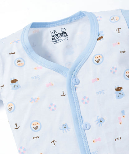 Sea Ship Full Sleeves Front Open T-Shirt & Pyjama Set with Bib | Blue