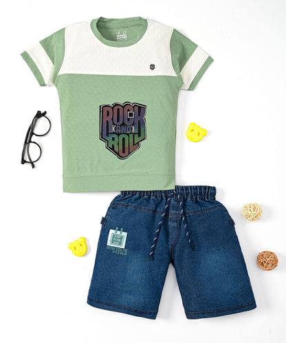 Rock and Roll Premium Half Sleeves T-Shirt & Denim Shorts Set | Green
