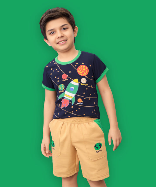 Space Explorer Half Sleeves T-Shirt & Shorts Set | Green