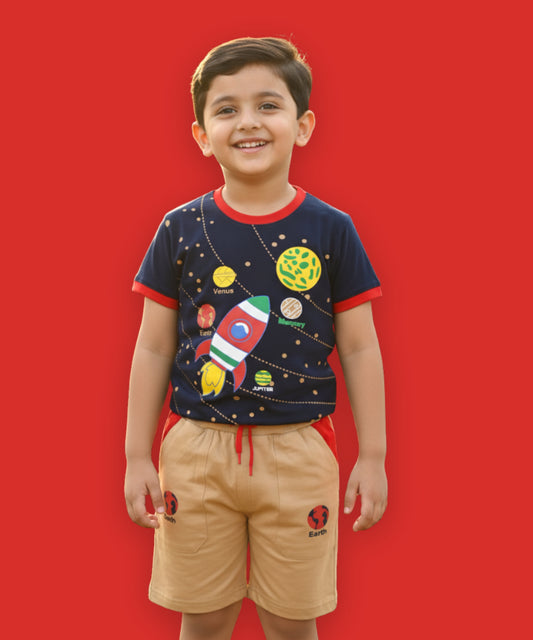 Space Explorer Half Sleeves T-Shirt & Shorts Set | Red