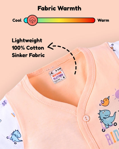 Dino Rides Half Sleeves & Sleeveless Front Open T-Shirt & Half Pant Set | Orange | Pack of 2