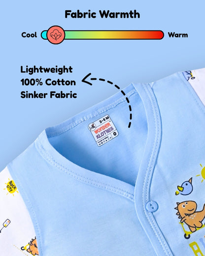 Dino Rides Half Sleeves & Sleeveless Front Open T-Shirt & Half Pant Set | Blue | Pack of 2