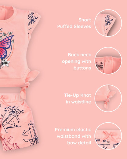 Butterfly Knot Short Sleeves Top & Hot Pant Set | Pink