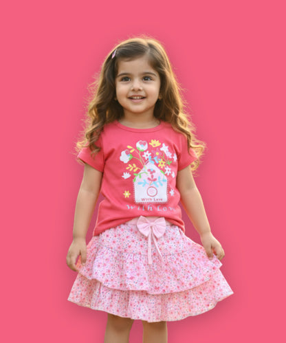 With Love Half Sleeves Top & Skirt Set | Pink
