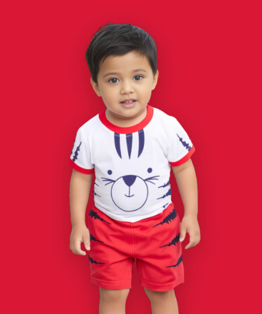 Tiger Claws Half Sleeves T-Shirt & Half Pant Set | Red