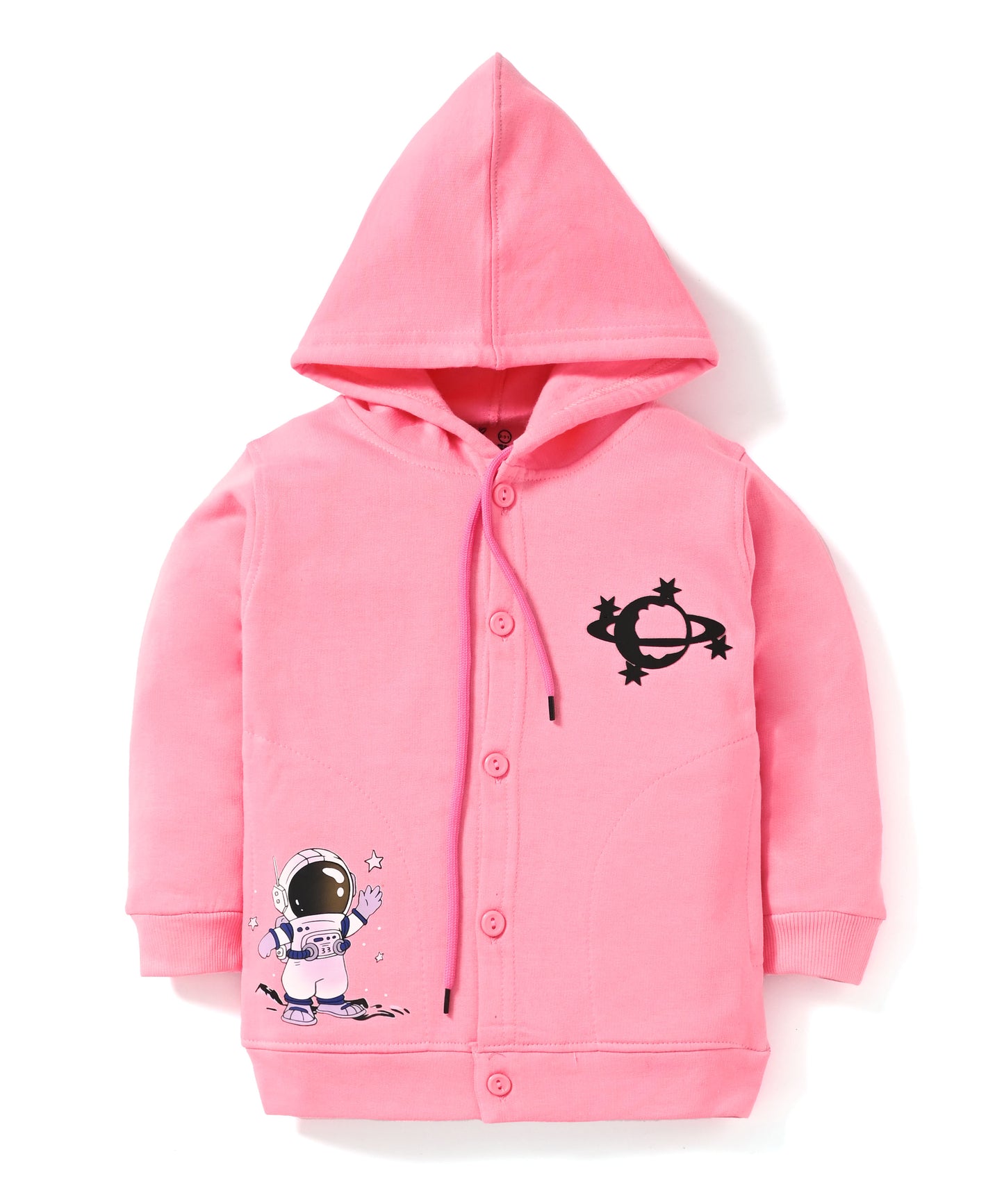 Little Astronaut Full Sleeves Fleece Front-Open Hooded Sweatshirt and Joggers Set | Pink