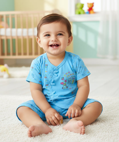 Friends Half Sleeves Front Open T-Shirt & Half Pant Set | Blue