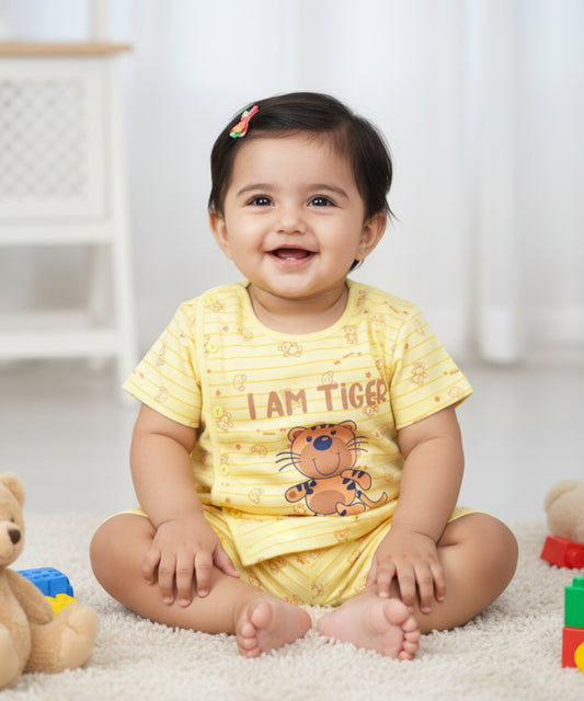 I Am Tiger Half Sleeves Front Open T-Shirt & Half Pant Set | Yellow