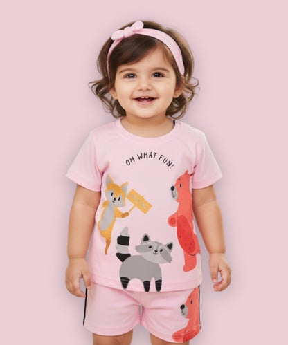 Oh What Fun Half Sleeves Shoulder Open T-Shirt & Half Pant Set | Pink