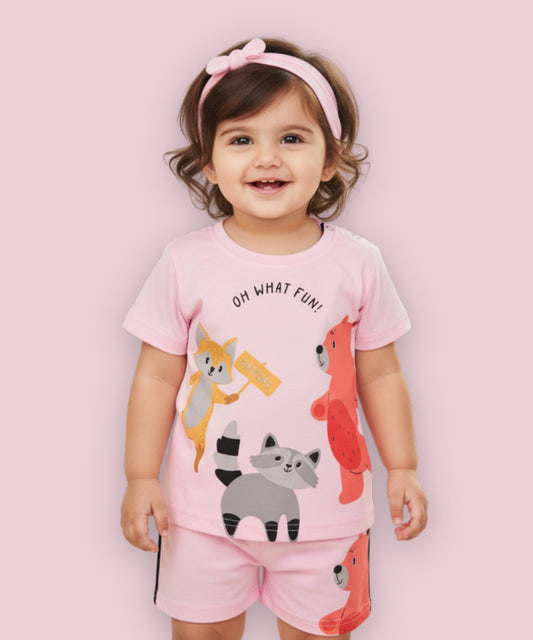 Oh What Fun Half Sleeves Shoulder Open T-Shirt & Half Pant Set | Pink