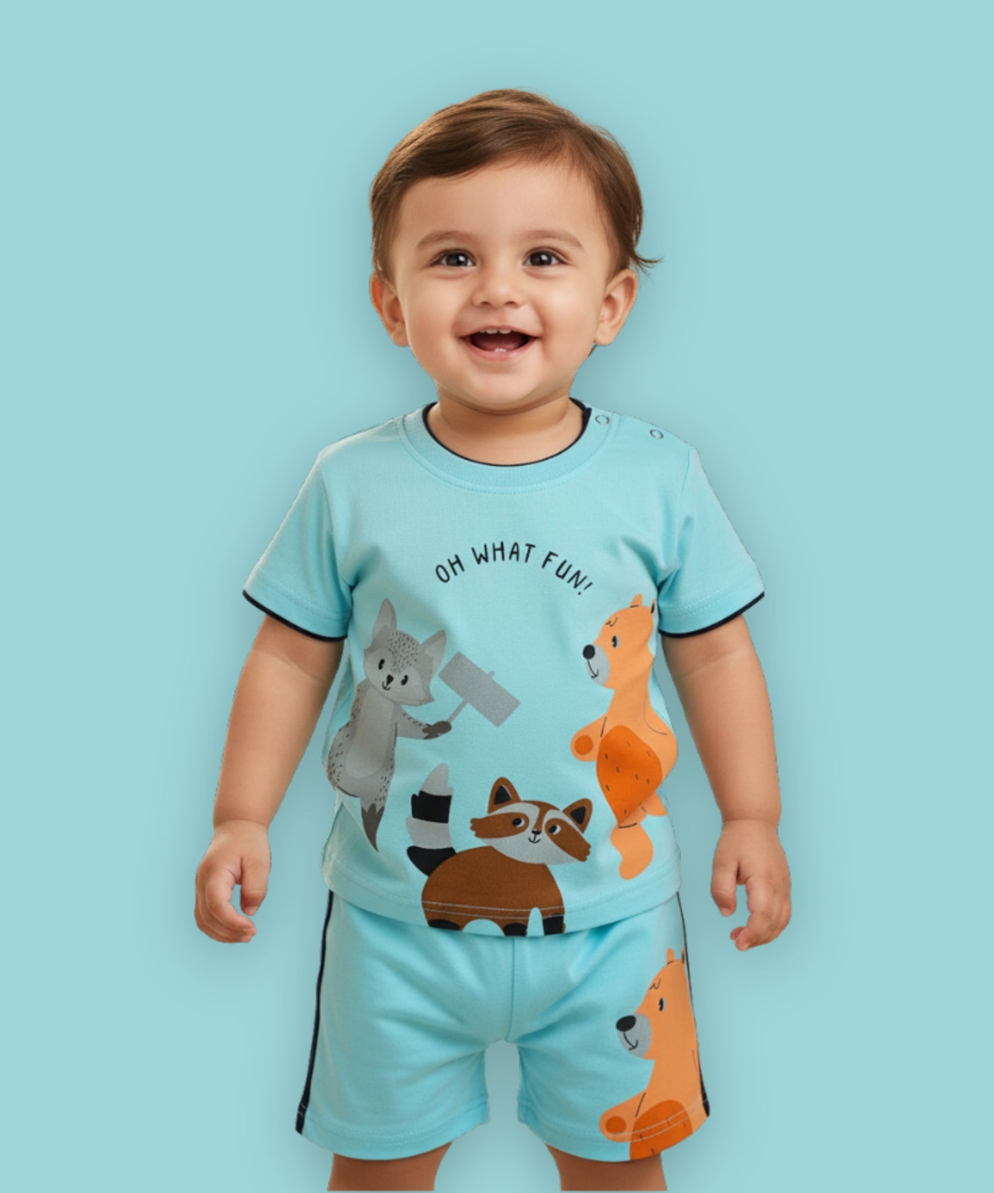 Oh What Fun Half Sleeves Shoulder Open T-Shirt & Half Pant Set | Blue
