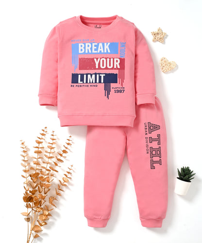 Break Your Limit Full Sleeves Fleece Sweatshirt and Joggers Set | Pink