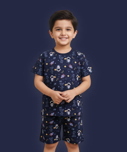 Moon Space and Hot Air Balloon Half Sleeves T-Shirt & Half Pant Set | Pack of 2