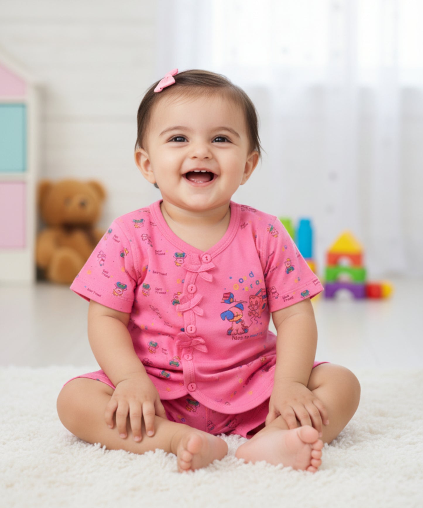 Friends Half Sleeves Front Open T-Shirt & Half Pant Set | Pink