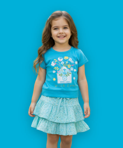 With Love Half Sleeves Top & Skirt Set | Blue