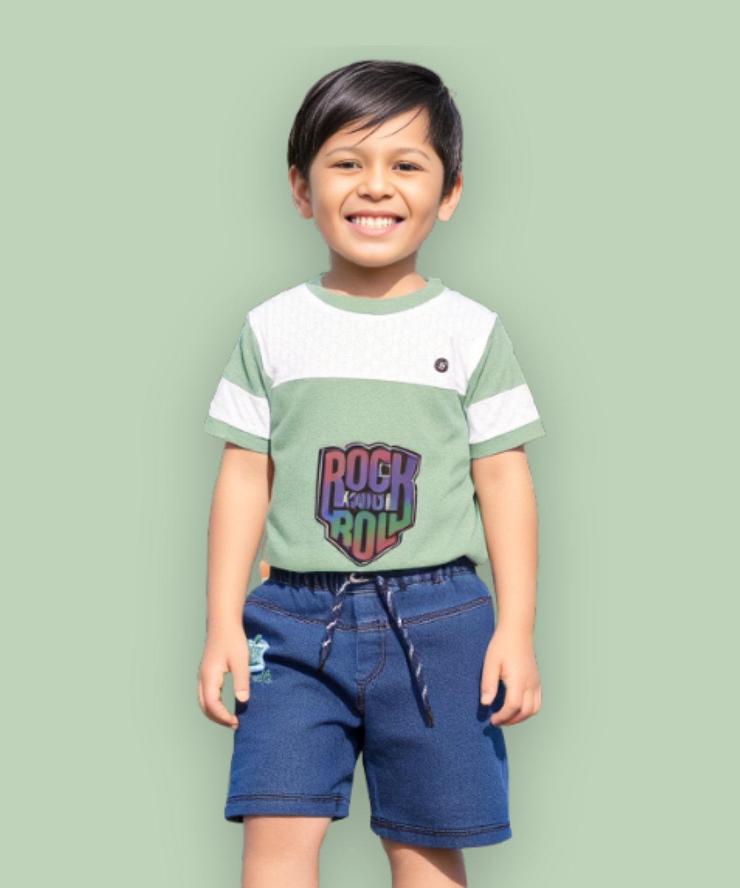 Rock and Roll Premium Half Sleeves T-Shirt & Denim Shorts Set | Green