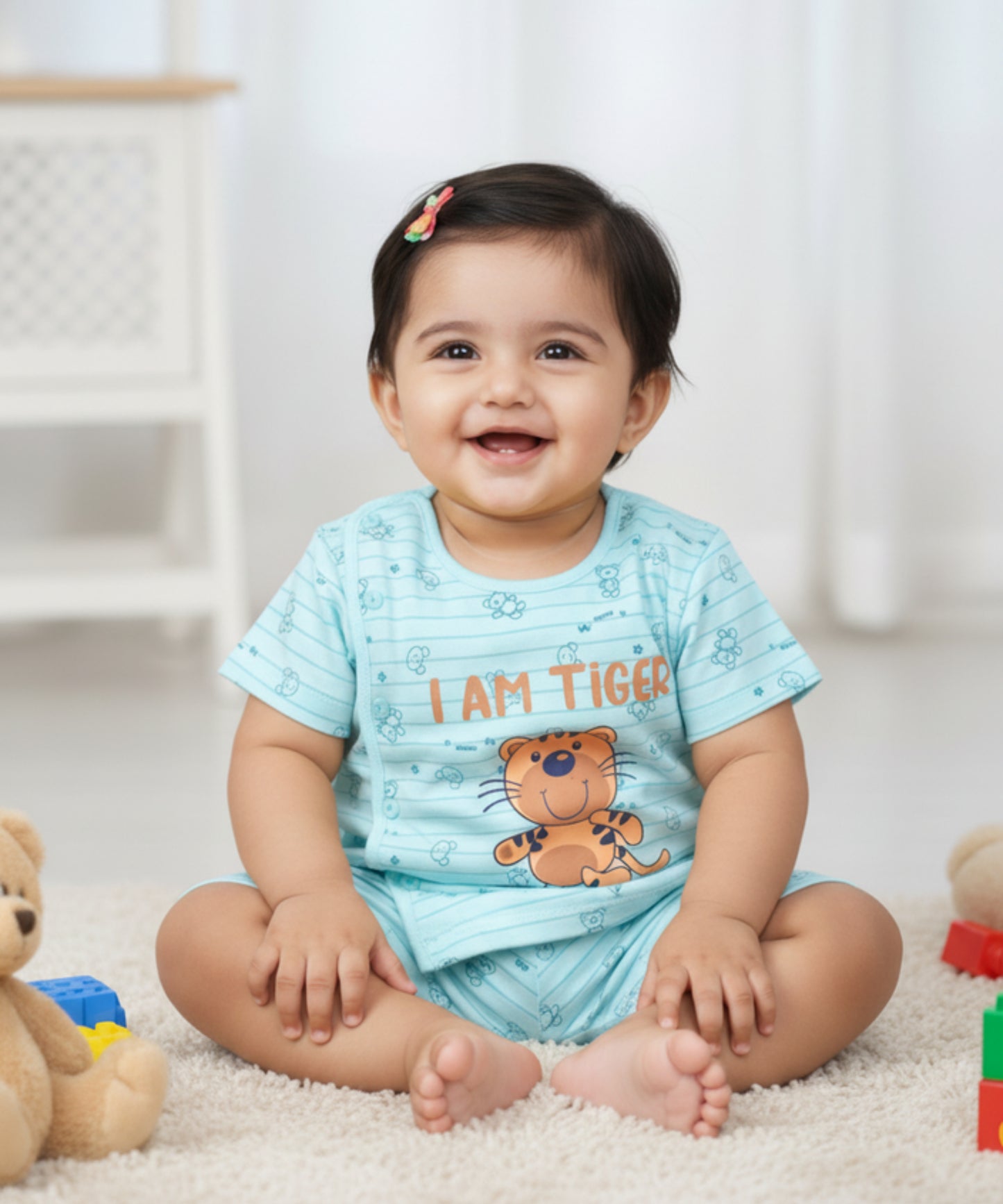 I Am Tiger Half Sleeves Front Open T-Shirt & Half Pant Set | Blue