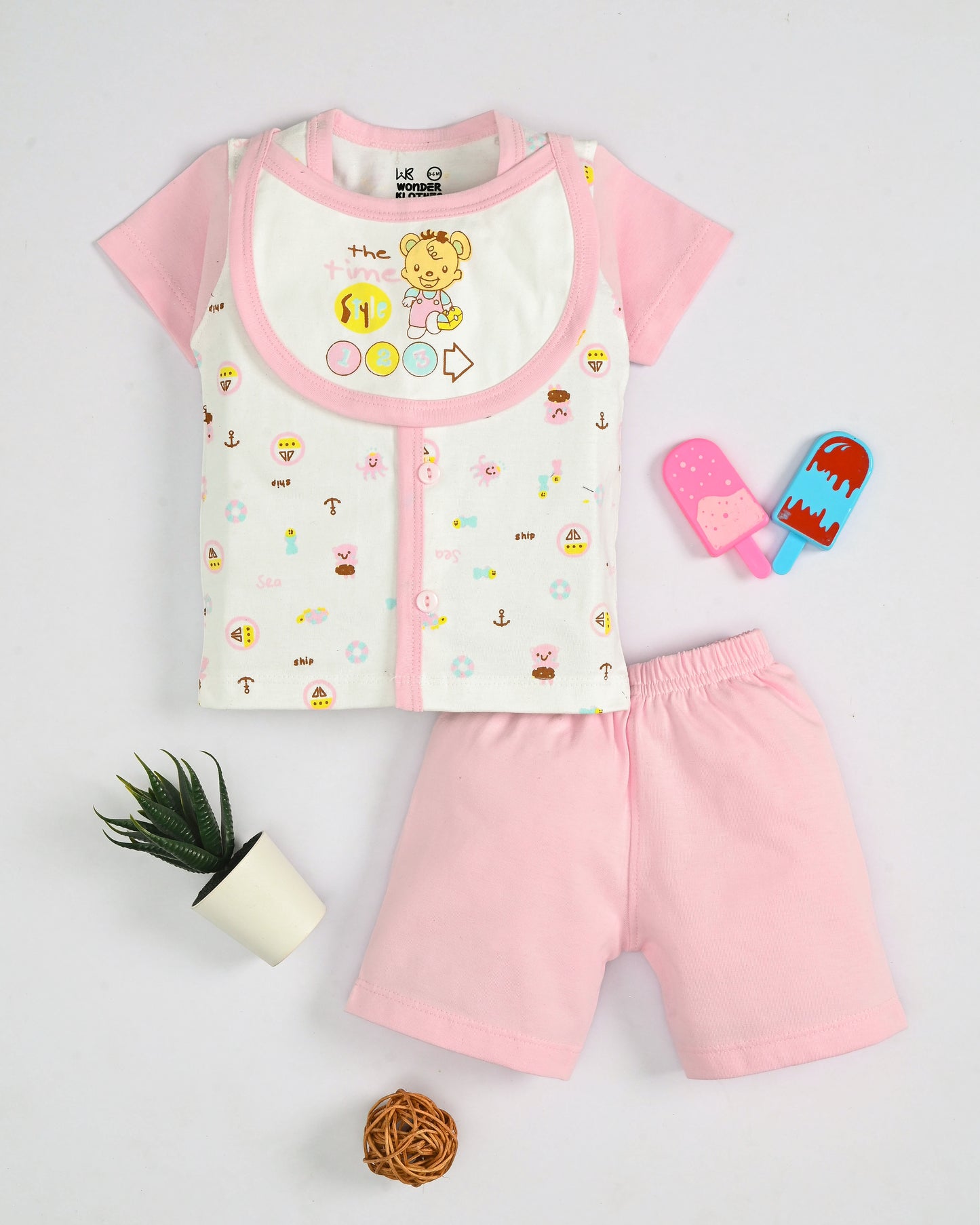 Sea Ship Half Sleeves Front Open T-Shirt & Half Pant Set with Bib | Pink