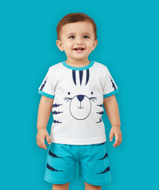 Tiger Claws Half Sleeves T-Shirt & Half Pant Set | Blue