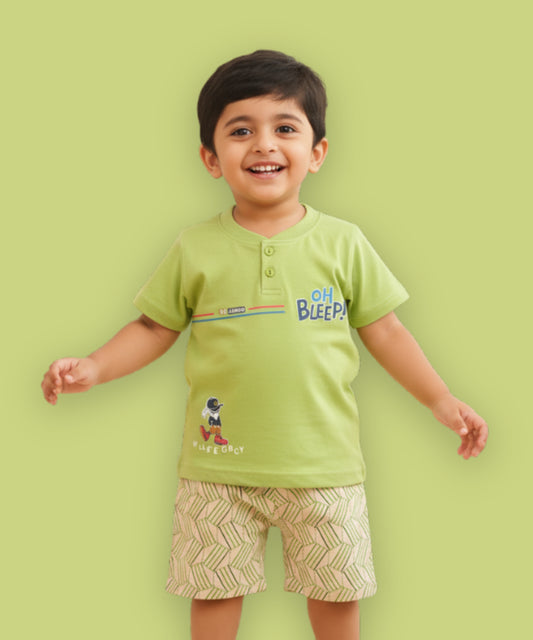 Oh Bleep Half Sleeves T-Shirt & Half Pant Set | Green