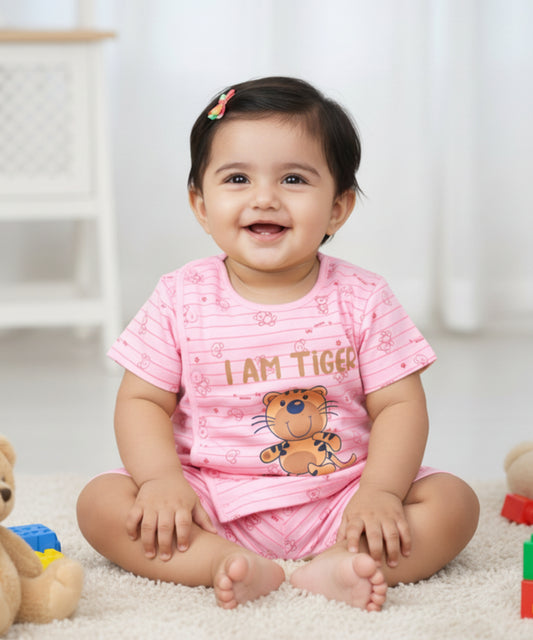 I Am Tiger Half Sleeves Front Open T-Shirt & Half Pant Set | Pink