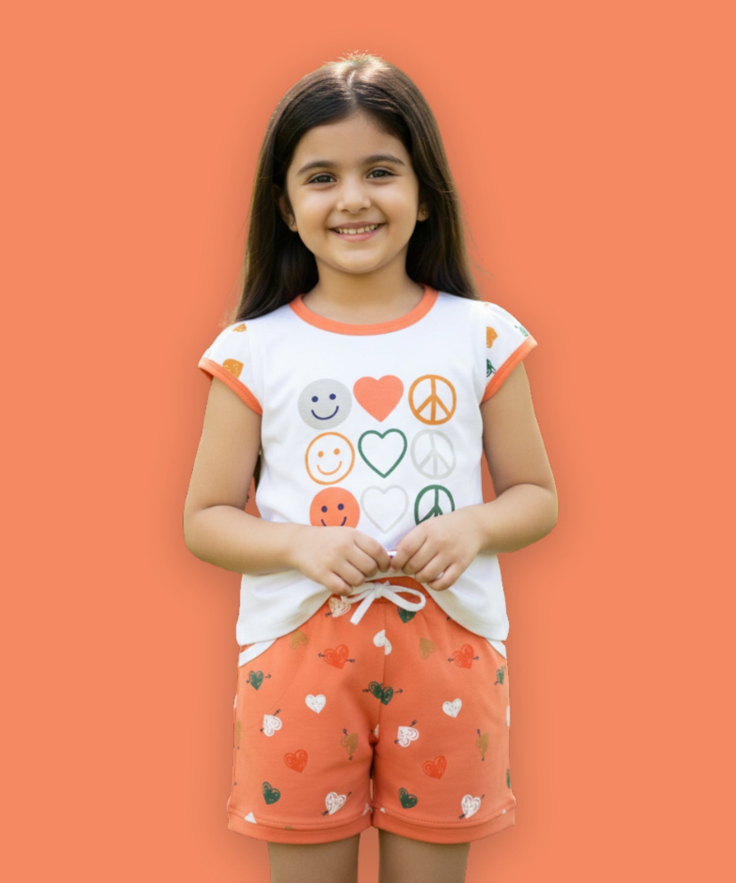 Smiley Heart Short Sleeves Top & Hot Pant Set | Orange