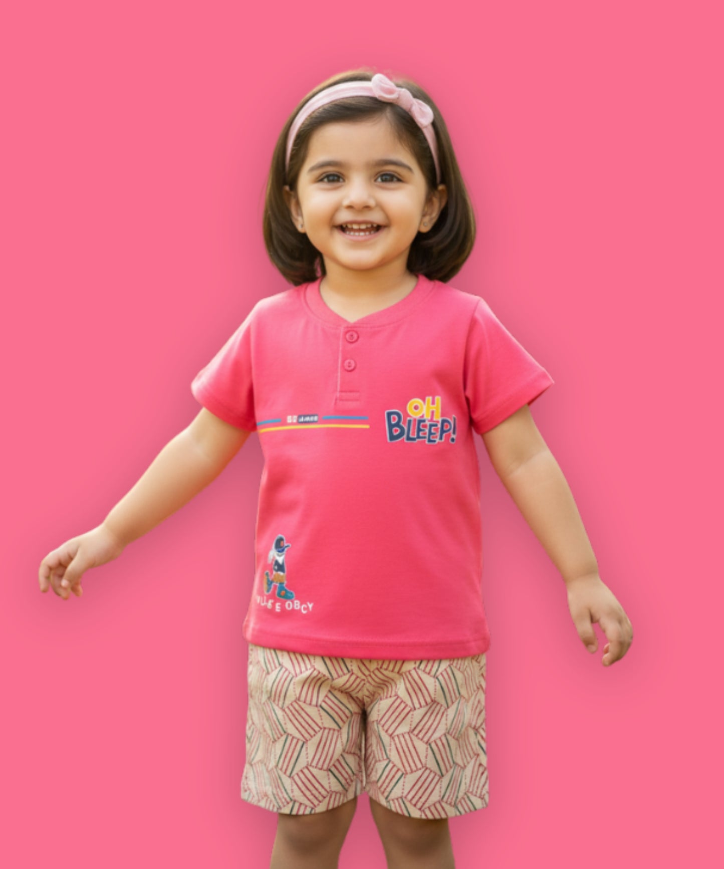 Oh Bleep Half Sleeves T-Shirt & Half Pant Set | Pink