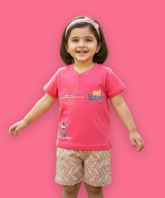 Oh Bleep Half Sleeves T-Shirt & Half Pant Set | Pink