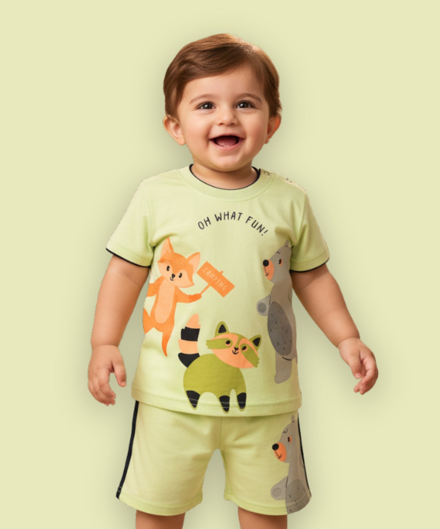 Oh What Fun Half Sleeves Shoulder Open T-Shirt & Half Pant Set | Green