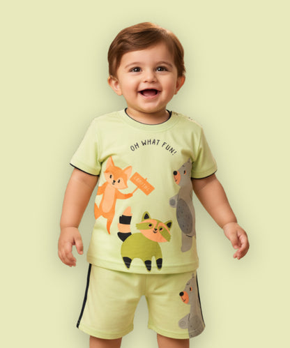 Oh What Fun Half Sleeves Shoulder Open T-Shirt & Half Pant Set | Green