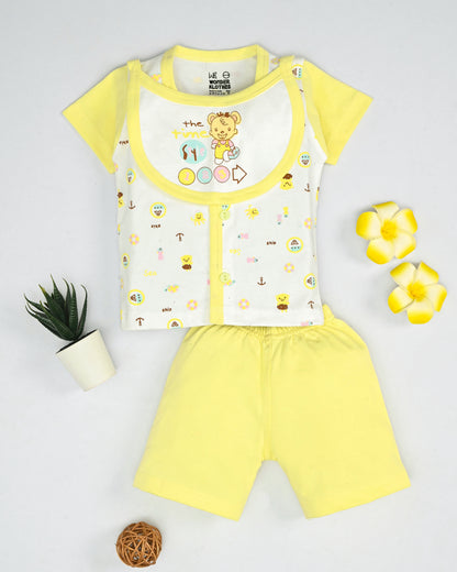 Sea Ship Half Sleeves Front Open T-Shirt & Half Pant Set with Bib | Yellow