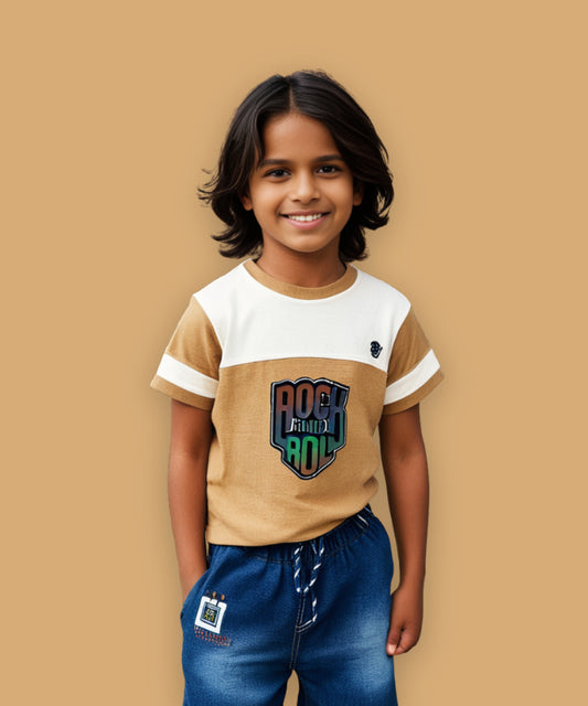 Rock and Roll Premium Half Sleeves T-Shirt & Denim Shorts Set | Brown