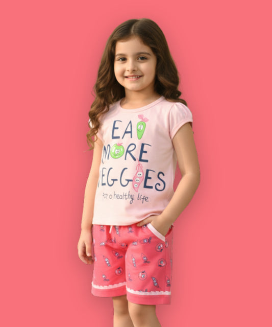 Eat More Veggies Short Sleeves Top & Hot Pant Set | Pink