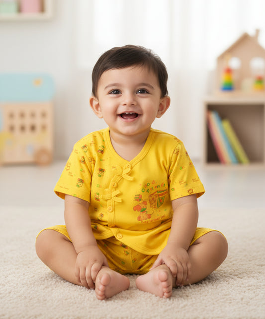 Friends Half Sleeves Front Open T-Shirt & Half Pant Set | Yellow