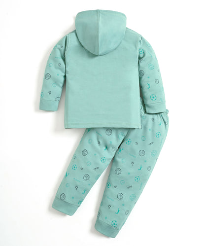 Basketball Full Sleeves Front Open Hooded Sweatshirt & Joggers Set | Green