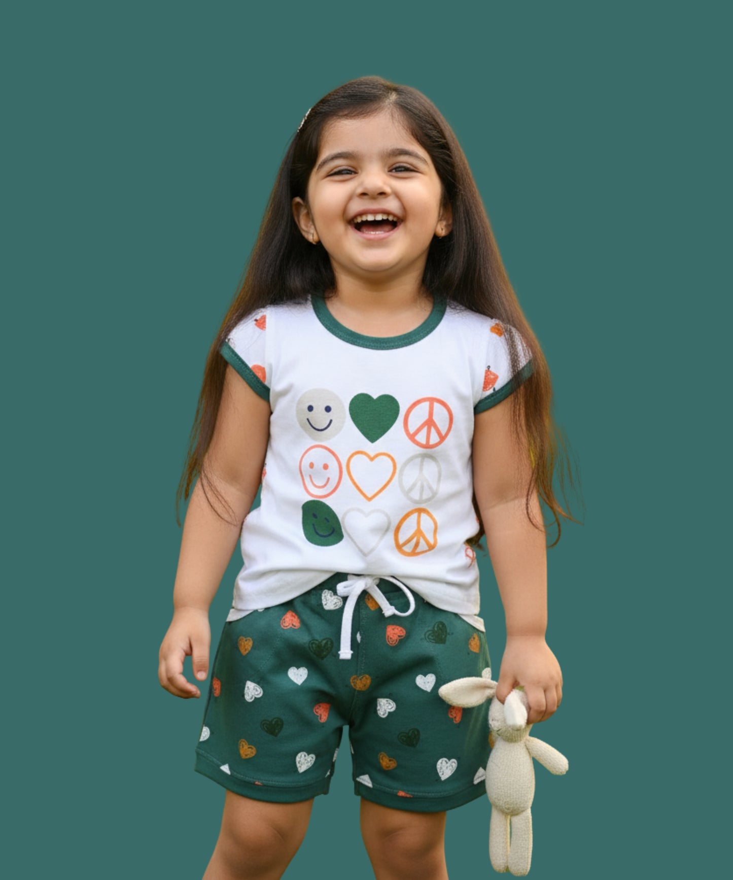 Smiley Heart Short Sleeves Top & Hot Pant Set | Green