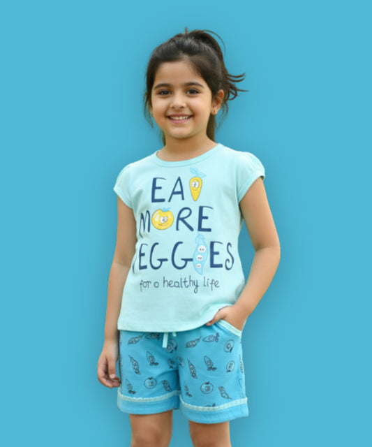 Eat More Veggies Short Sleeves Top & Hot Pant Set | Blue