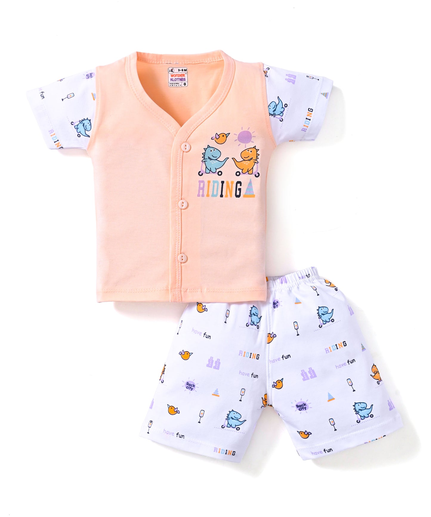 Dino Rides Half Sleeves & Sleeveless Front Open T-Shirt & Half Pant Set | Orange | Pack of 2