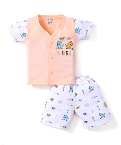 Dino Rides Half Sleeves & Sleeveless Front Open T-Shirt & Half Pant Set | Orange | Pack of 2