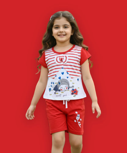Sweet Girl Half Sleeves Top & Hot Pant Set | Red