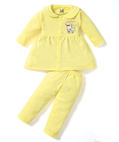 Mummy’s Cutie Full Sleeves Front Open Frock and Full Pant Set | Yellow