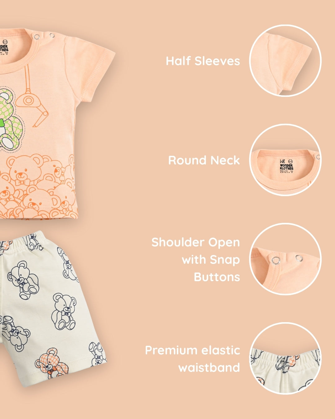 Teddy Bear Half Sleeves Shoulder Open T-Shirt & Half Pant Set | Orange