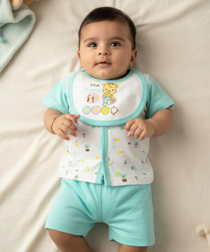 Sea Ship Half Sleeves Front Open T-Shirt & Half Pant Set with Bib | Blue