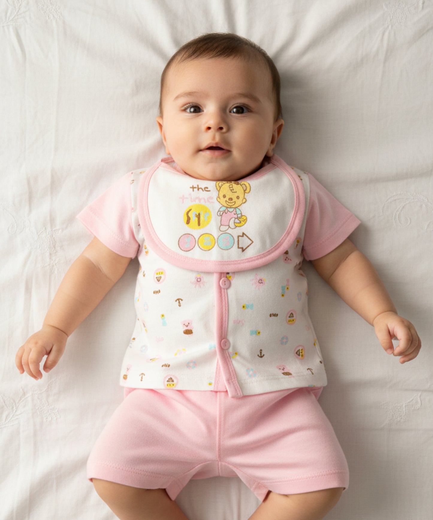 Sea Ship Half Sleeves Front Open T-Shirt & Half Pant Set with Bib | Pink