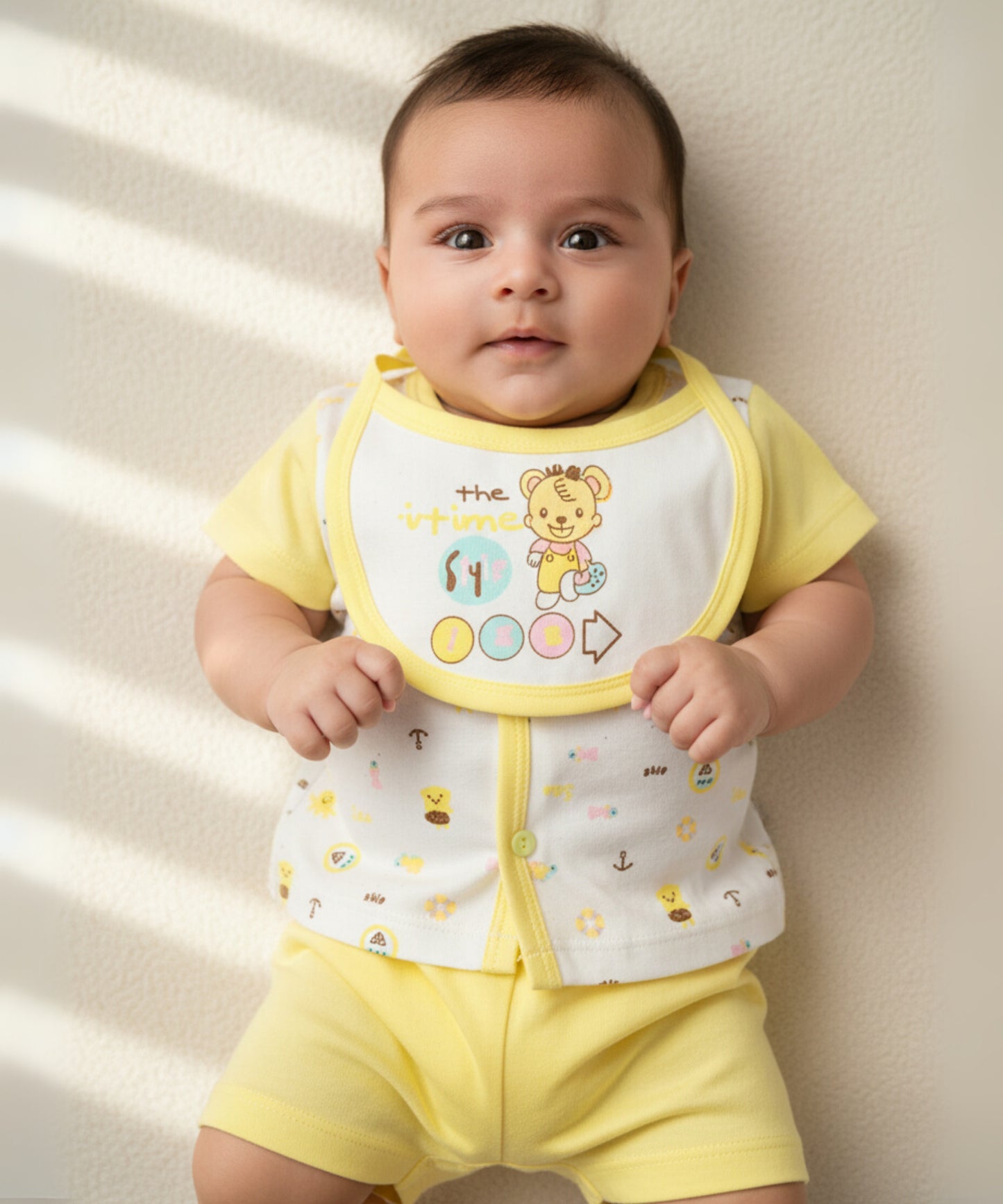 Sea Ship Half Sleeves Front Open T-Shirt & Half Pant Set with Bib | Yellow