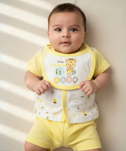 Sea Ship Half Sleeves Front Open T-Shirt & Half Pant Set with Bib | Yellow