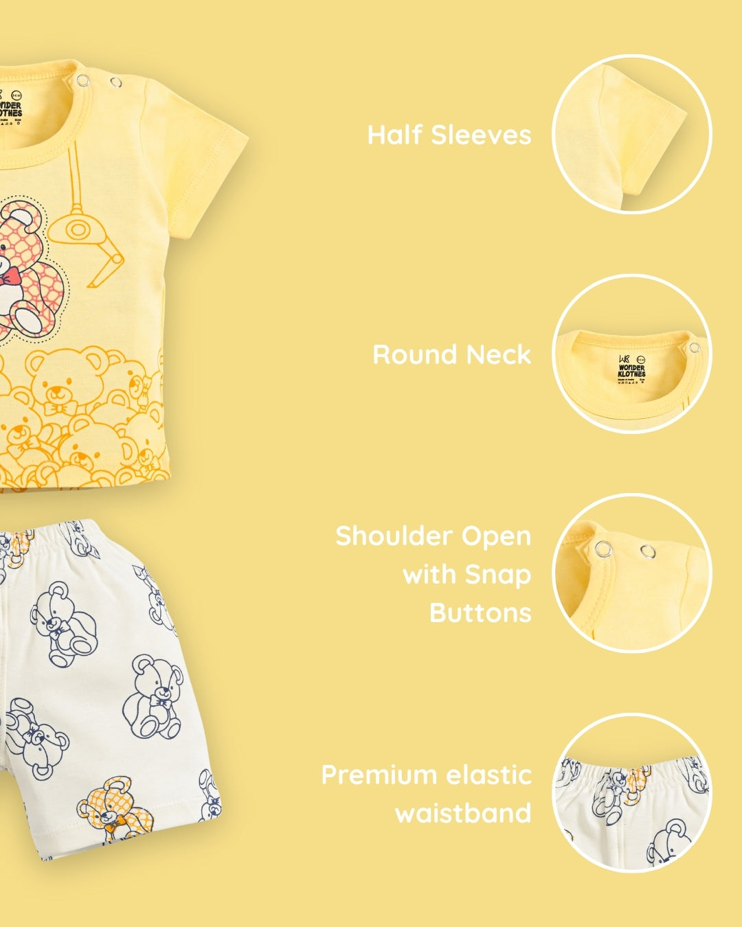 Teddy Bear Half Sleeves Shoulder Open T-Shirt & Half Pant Set | Yellow