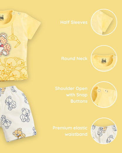 Teddy Bear Half Sleeves Shoulder Open T-Shirt & Half Pant Set | Yellow