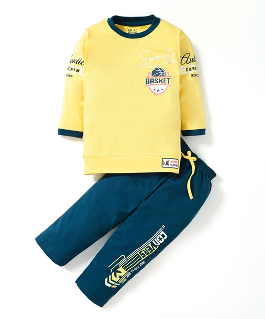 Sports Basket Full Sleeves Back Print T-Shirt and Pyjama Set | Yellow