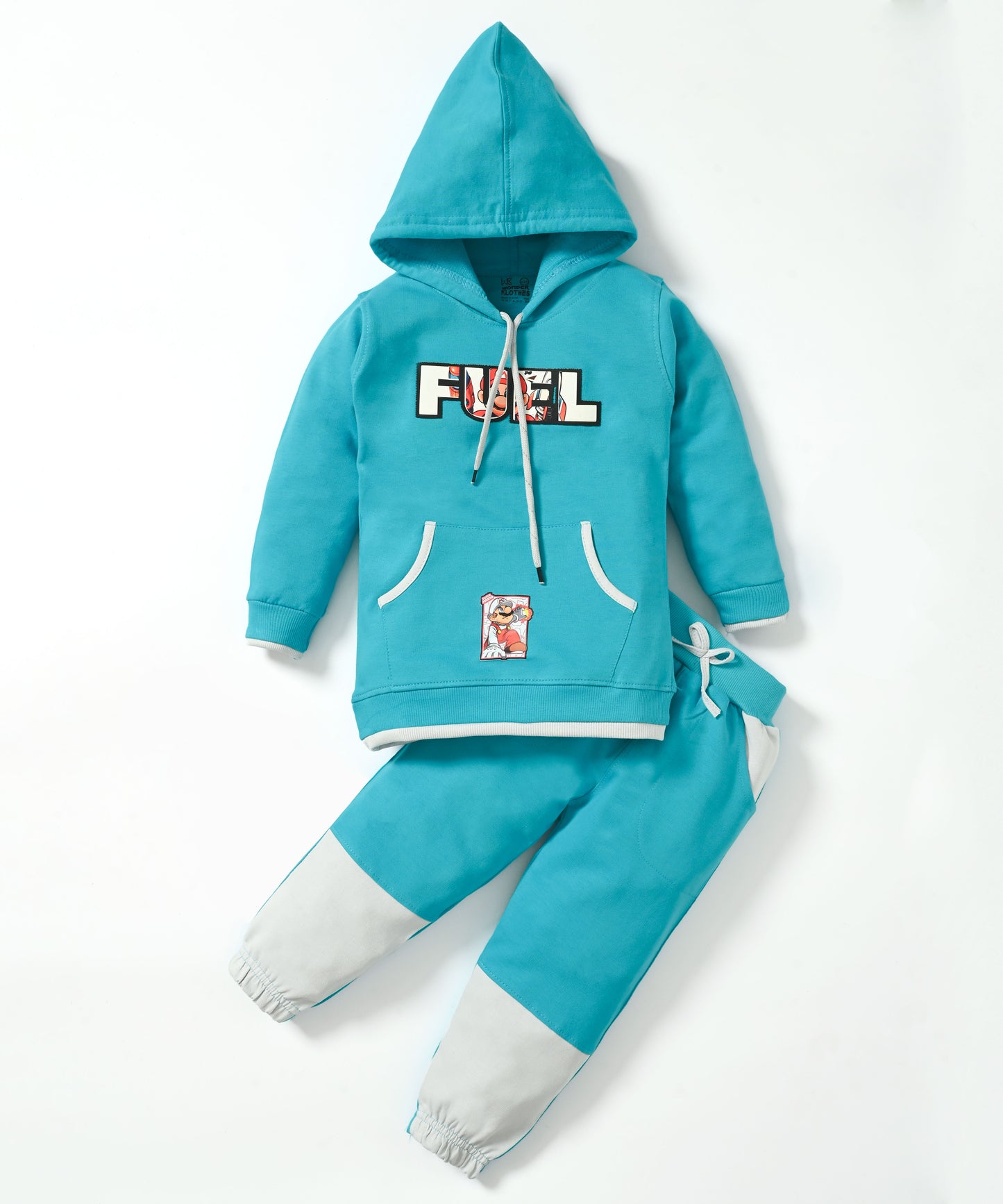 Fuel Mario Full Sleeves Hooded Sweatshirt with Pocket and Joggers Set | Blue